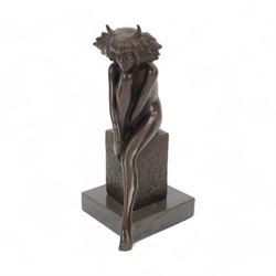 Bronze Taurus figure, modelled as a nude female with horns, signed Pino to base, upon marb...