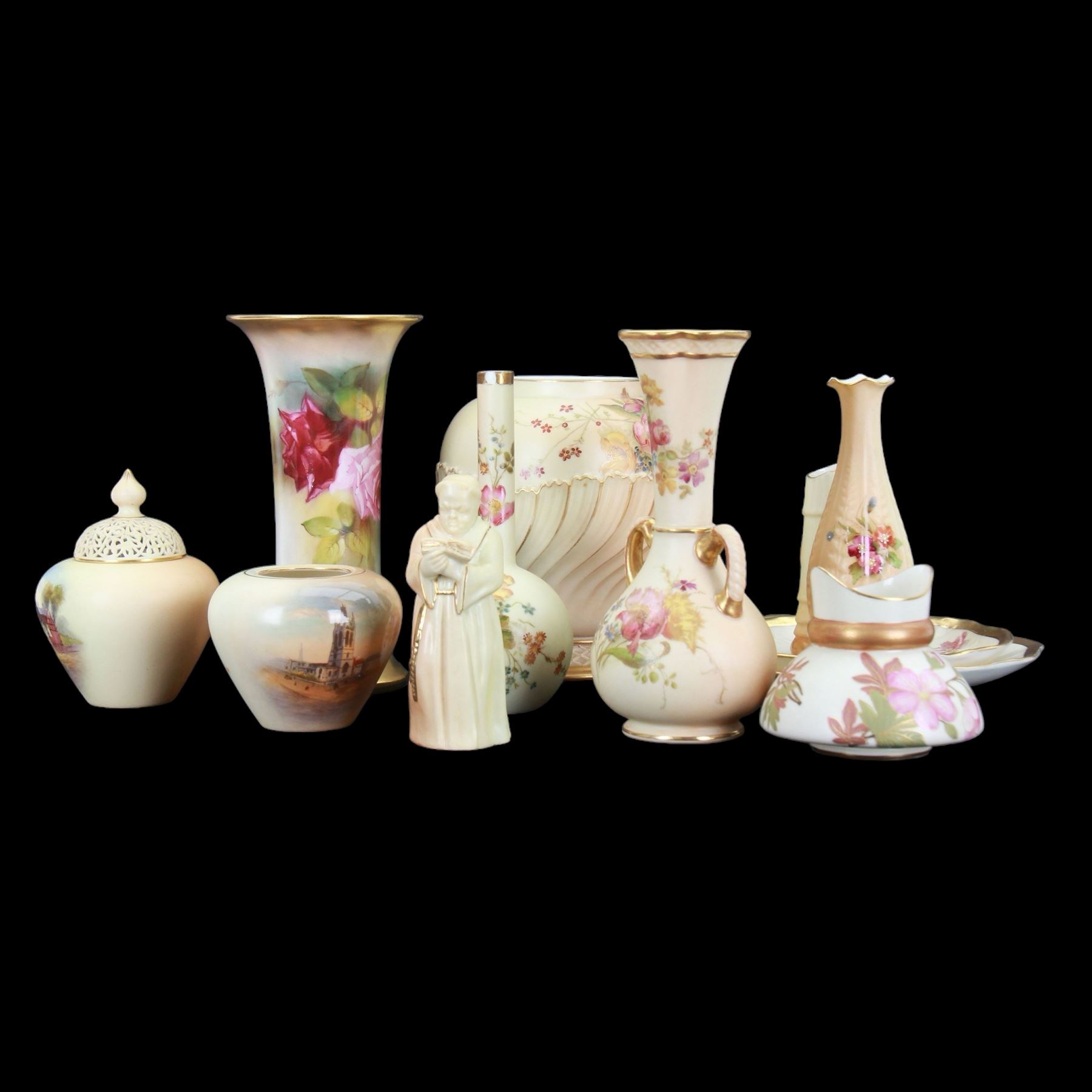 Collection of Royal Worcester Blush Ivory, including candle snuffer modelled as a monk, bamboo vase, twin handled vase etc (12)