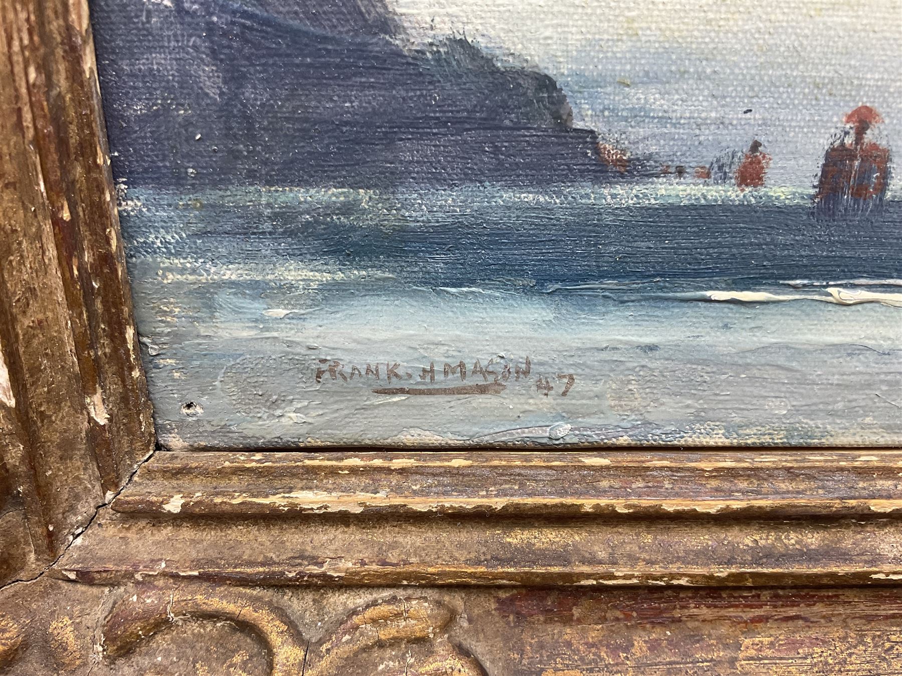 Frank Henry Mason (Staithes Group 1875-1965): 'The End of the Voyage', oil on board signed and dated '47, original title label verso 13cm x 54cm