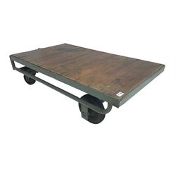 20th century wrought metal and pine railway luggage trolley or coffee table, on castors, by repute from York Station 