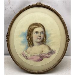 English School (19th Century): Portrait of a Young Girl, watercolour unsigned, label verso with some indistinct attribution text 38cm x 41cm