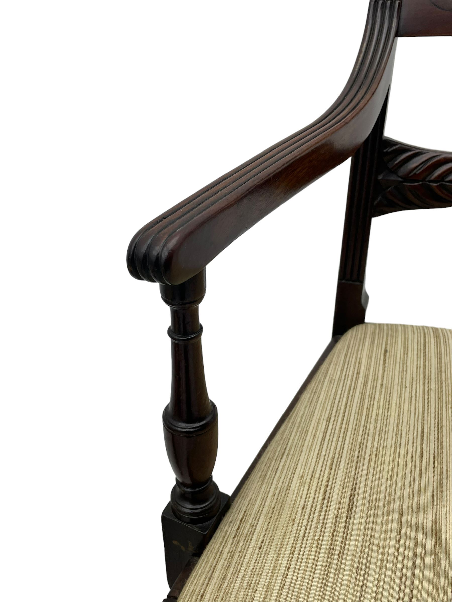 Georgian design set of six (6+2) mahogany dining chairs, the bar cresting rail inlaid with figured mahogany panel, shaped twist lobe carved middle rail with extending stylised leaf decoration, upholstered drop-in seat, on turned front supports 