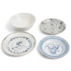 Group of Chinese porcelain, comprising three blue and white plates and a white glazed bowl, all bearing Tek Sing Treasures, Nagel Auctions labels, bowl D15cm, largest plate D17.5cm (4)