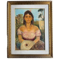 Latin American School (20th Century): Portrait of a Girl, mixed media on canvas indistinctly signed 65cm x 46cm 