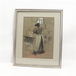 Horace Mann Livens (British 1862-1936): Lady Working in the Kitchen, pastel signed with initials 35cm x 26cm 