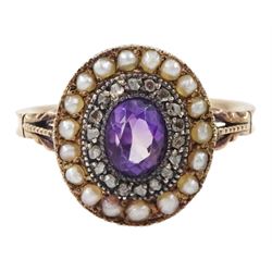 19th / early 20th century 9ct rose gold, milgrain set oval cut amethyst, diamond chip and ...