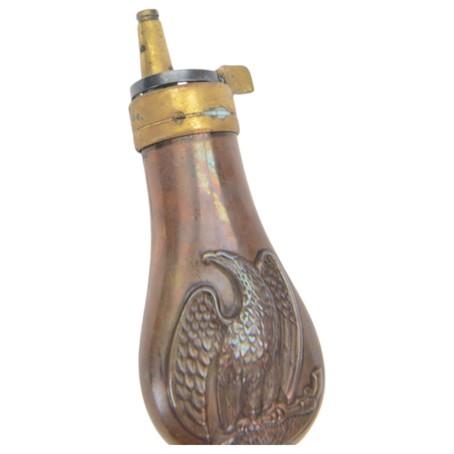 Colt pistol copper and brass powder flask embossed with an eagle H11cm