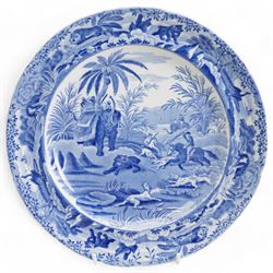 Two 19th century Spode 'Indian Sporting Series' blue and white transfer printed plates, comprising 'Death of the Bear' D25cm and 'Common Wolf Trap' D21cm (2)