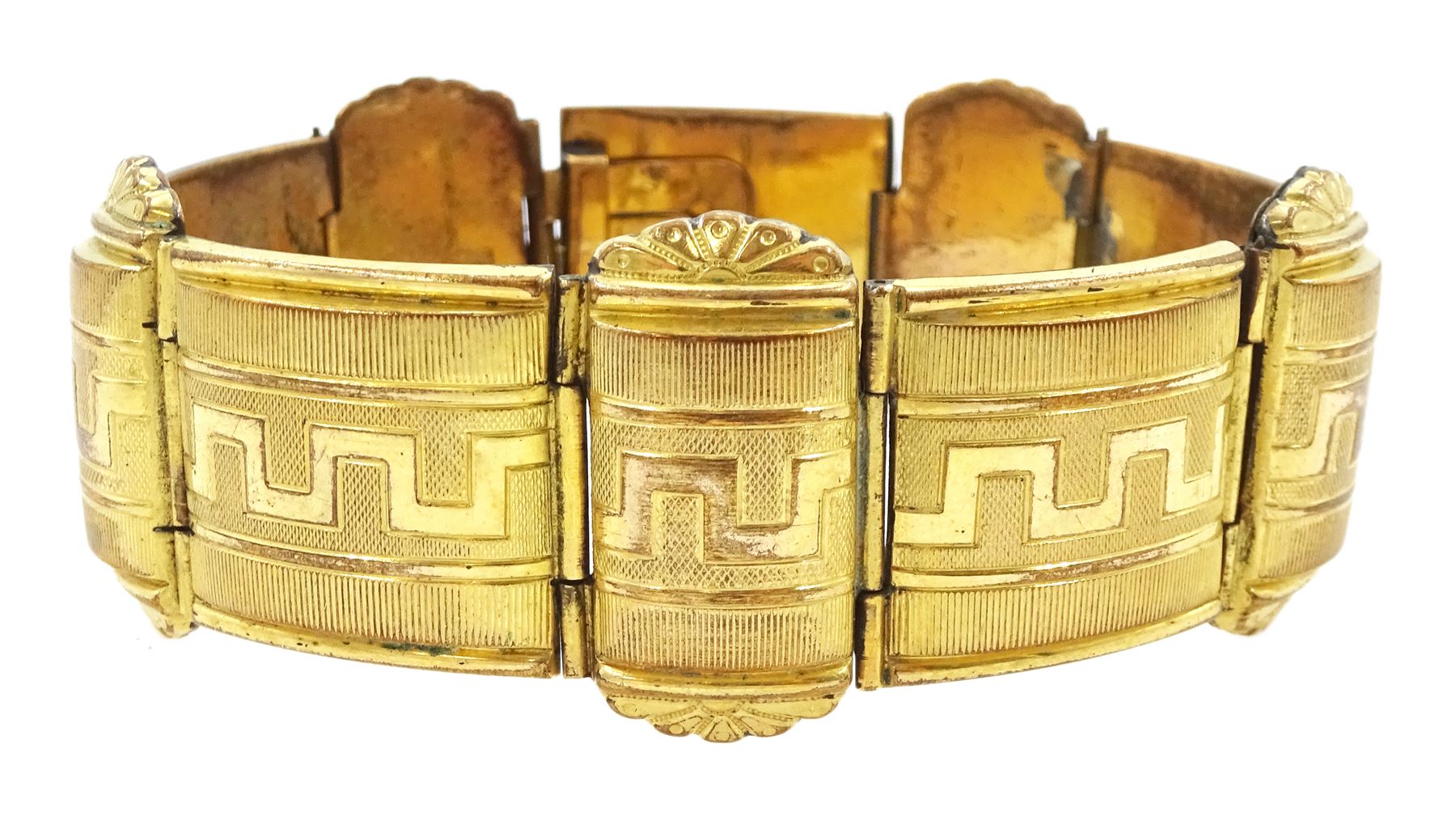 Victorian gilt fancy link bracelet, with Greek Key decoration, in a fitted case