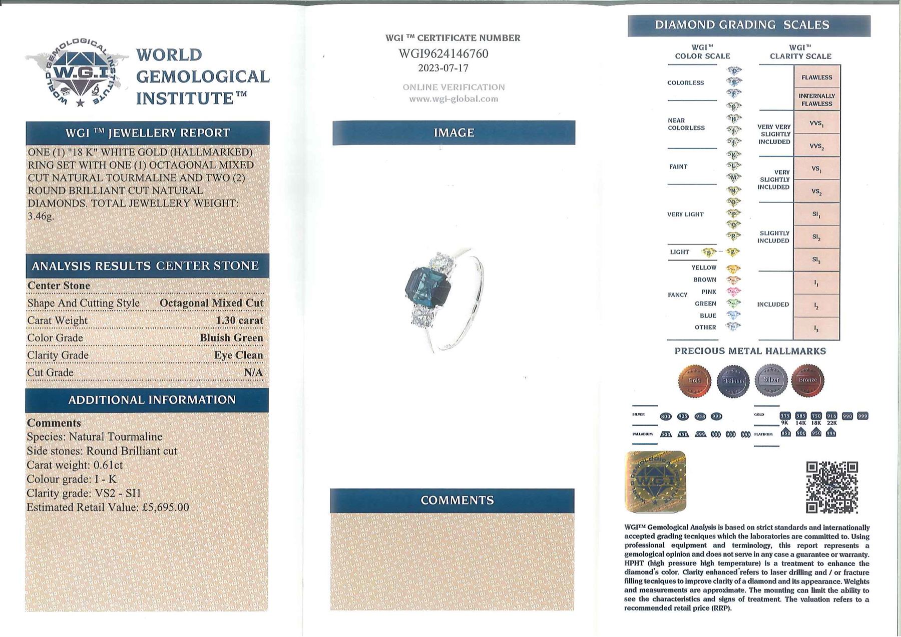 18ct white gold three stone octagonal cut tourmaline and round brilliant cut diamond ring, tourmaline 1.30 carat, total diamond weight 0.61 carat, with World Gemological Institute report