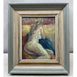 Pamela Daukes (British 20th Century): 'The Blue Cloak' Reclining Nude, oil on canvas board unsigned, titled verso 24cm x 19cm 