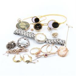 9ct gold jewellery, including two pairs of hoop earrings, cameo brooch/pendant, two other brooches, silver jewellery, costume jewellery and wristwatches