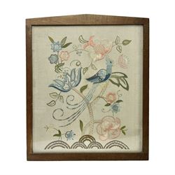 20th century framed crewelwork embroidery, depicting foliate and birds, H64, W55cm