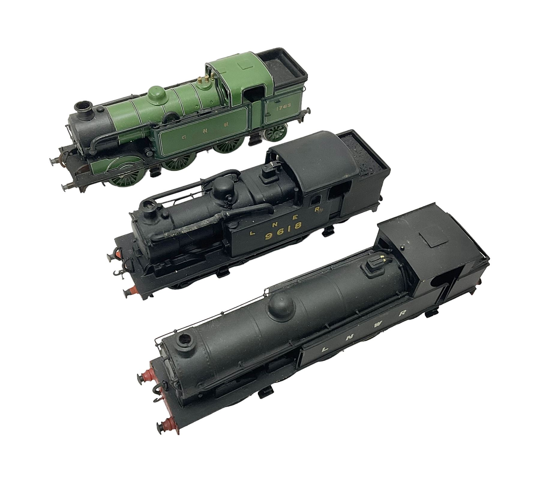 ‘00’ gauge - three kit built steam locomotives comprising LNWR Class 1185 0-8-2 finished in black; Class N7 0-6-2T no.9618 finished in LNER black; Class N2 0-6-2T no.1763 finished in GNR green (3) 