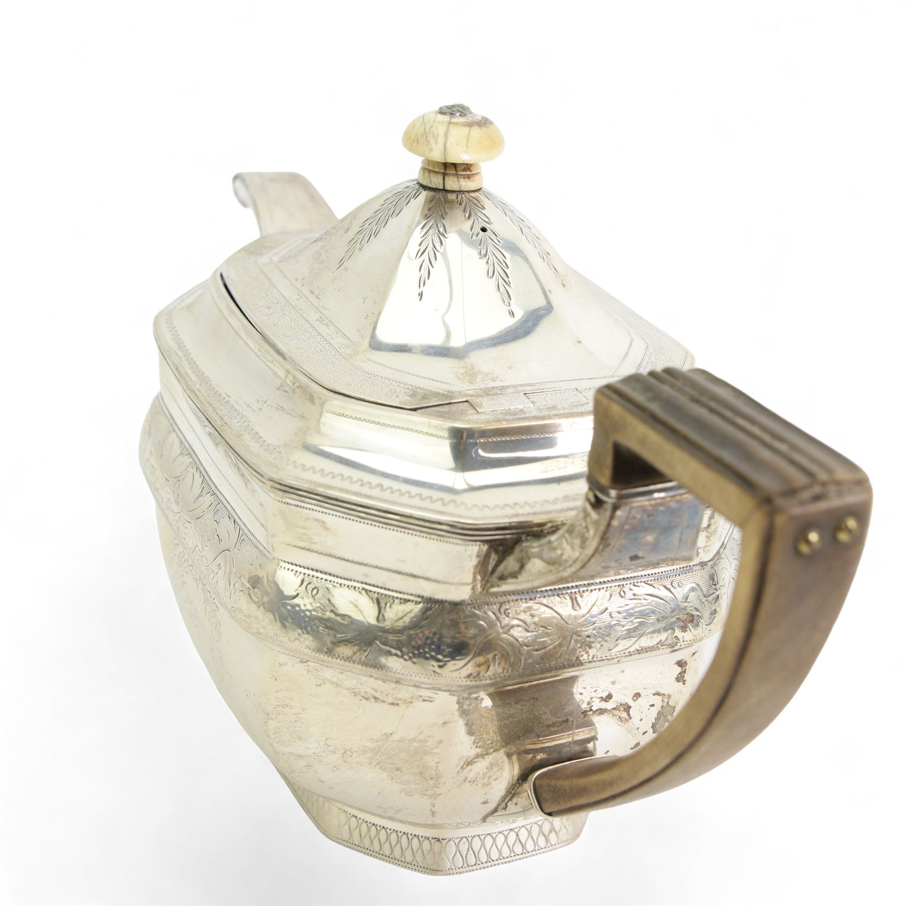 George III silver rectangular teapot engraved with a band of flowers and monogram with ivory lift and stained wood handle Newcastle 1805 Maker Ann Robertson