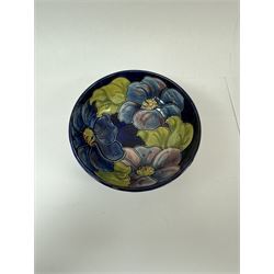 Moorcroft bowl in Clematis pattern, together with Moorcroft pedestal bowl in Anemone pattern both with makers mark below, pedestal dish H12cm 