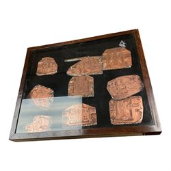 Collection of nine assorted copper engraved printing plates, in frame H38cm