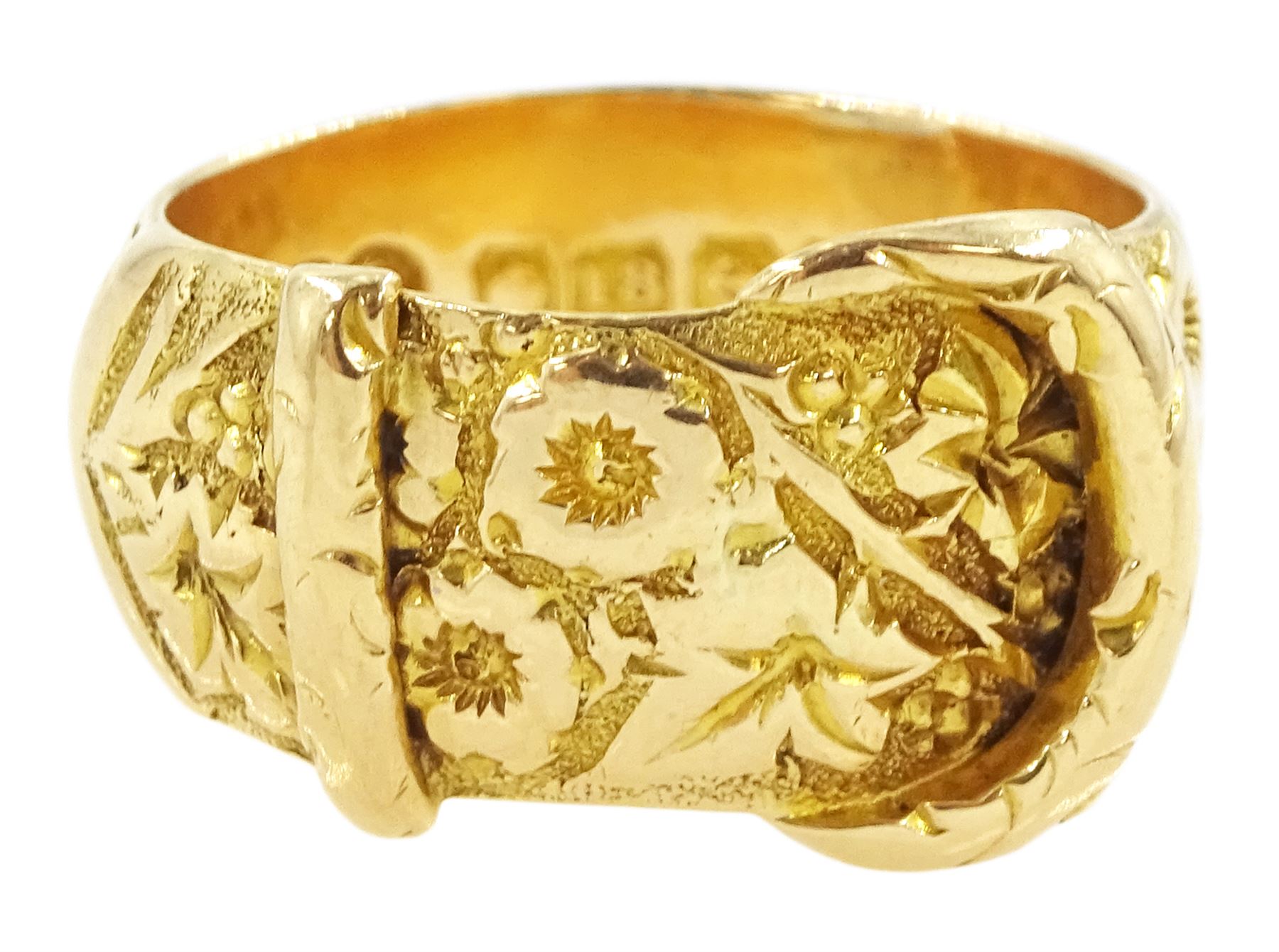 Early 20th century 18ct gold buckle ring, with engraved floral and foliate decoration by William Lewis, Birmingham 1913