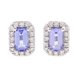 Pair of 9ct white gold emerald cut tanzanite and round brilliant cut diamond stud earrings...