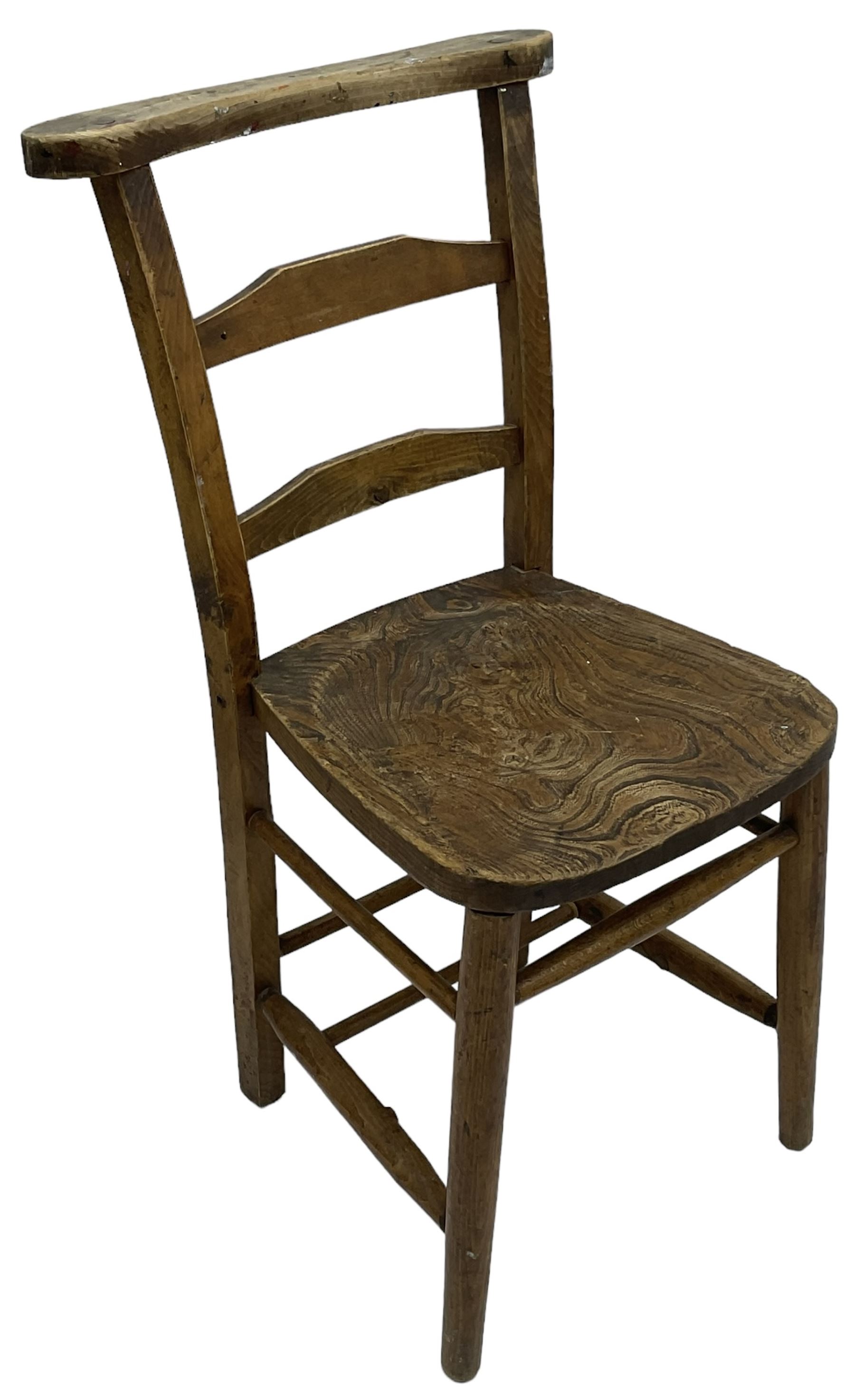 Collection of chairs - five 19th century elm spindle back chairs with rush seats; two chapel chairs (7)