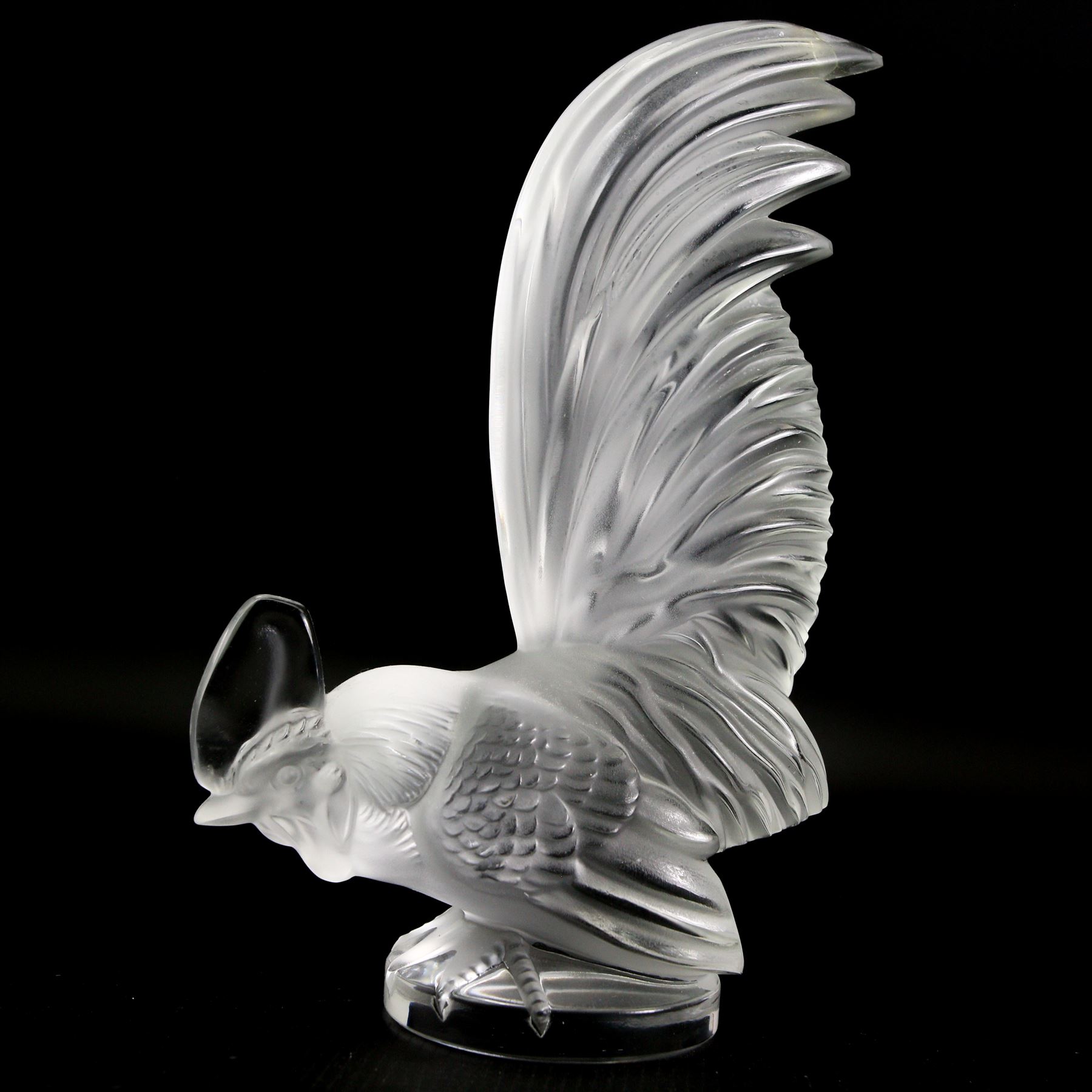 Lalique crystal Cockerel and Sparrow with head under wing, both signed Lalique, France, H21cm max (2)