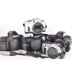 Five Canon EOS camera bodies, comprising EOS IX serial no. 0306280, EOS IX7 serial no. 1505354, EOS 3 serial no. 2743904, and two EOS 5 examples, serial nos. 1096604 & 9701653