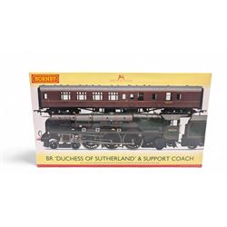 Hornby '00' gauge BR Duchess of Sutherland and Support Coach Train Pack R3221, comprising BR Princess Coronation Class 4-6-2 Duchess of Sutherland locomotive no. 46233 and BR MkI Brake Support Coach no. 99041, both in maroon livery, in original box