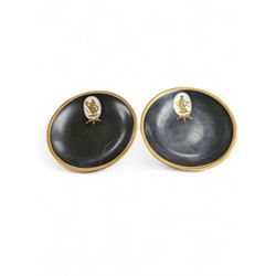 Pair of early 20th century Wedgwood tazzas, the black bowls with gilt foliate borders and ...