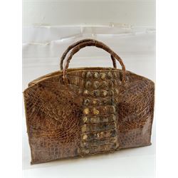 Large twin handled crocodile skin bag, with zippable compartment, H39cm 