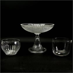 19th century glass tea mixing bowl, circa 1820, H9cm, together with an 18th century glass rinser, circa 1785 and a large hobnail cut glass fruit dish, on pedestal stem, H18cm (3)