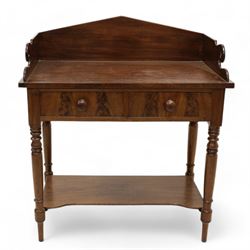 Early Victorian mahogany wash stand, pointed and sloped arch back with shaped and pierced scroll returns, rectangular top over two drawers, on turned supports united by undertier 