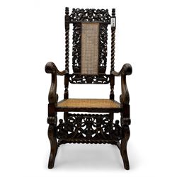 19th century Carolean design carved walnut open armchair, pierced cresting decorated with ...