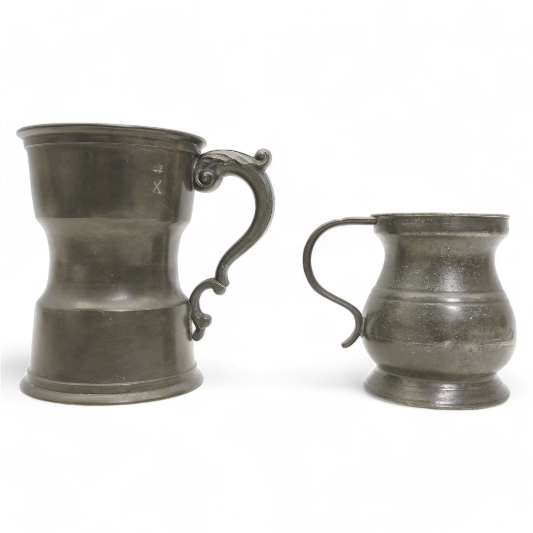 18th century pewter tankard, circa 1770, with scroll handle and acanthus leaf thumbpiece, touch marks and crowned X, H13cm, together with a Victorian 1/2 pint pewter measure, touch marks, weights and measures inspector verification mark (2)