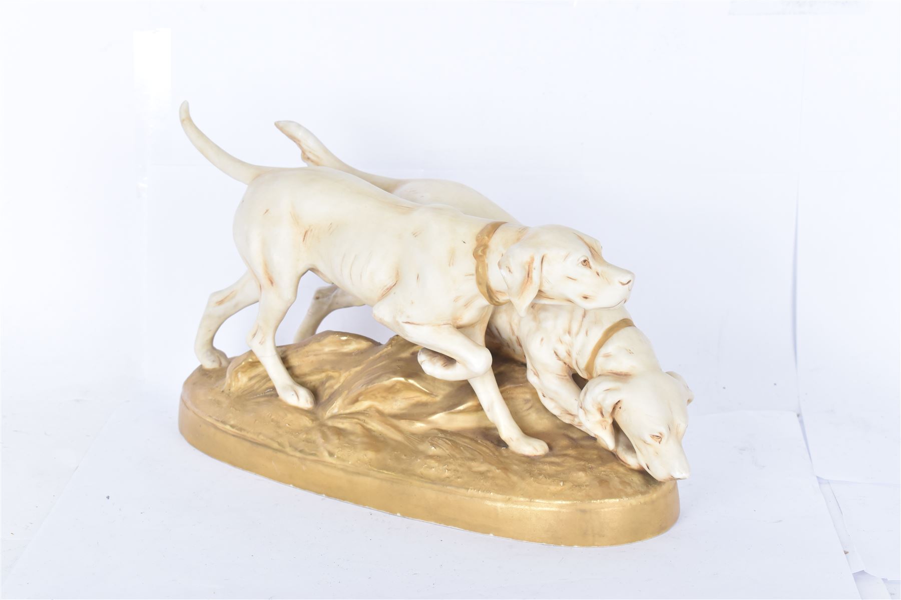 Royal Dux porcelain figure group, depicting two hunting dogs, with pink triangle mark beneath, H19cm