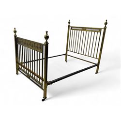 Edwardian Adam Revival brass 4' 6'' double bedstead, decorated with gadroon urn finals and...