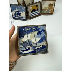 Five Dutch Westraven tiles, to include four square examples depicting maritime and similar scenes, and a rectangular example depicting a village scene, square tiles 10cm x 10cm, rectangular tile 15cm x 10cm