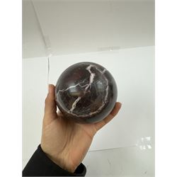 Pair red marble sphere with white and black veins, D10cm 