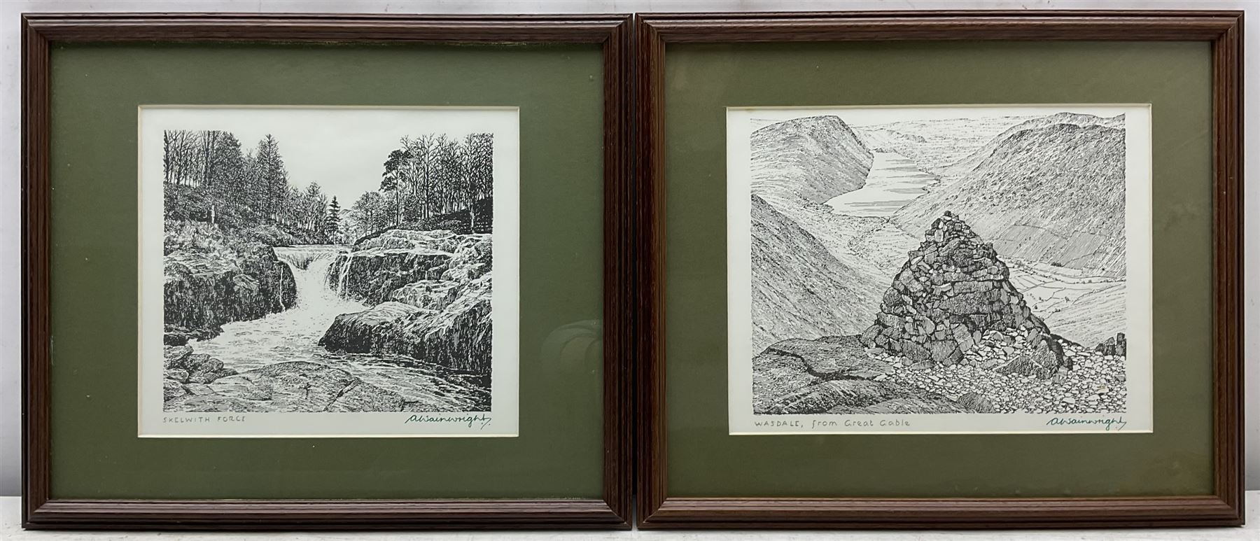 Alfred Wainwright MBE (British 1907-1991): 'Pen Y Ghent from Selside', 'Great End from Styhead Tarn', 'Skelwith Force', and 'Wasdale from Great Gable', four monochrome prints each signed in pen by the artist, max 17cm x 23cm (4)