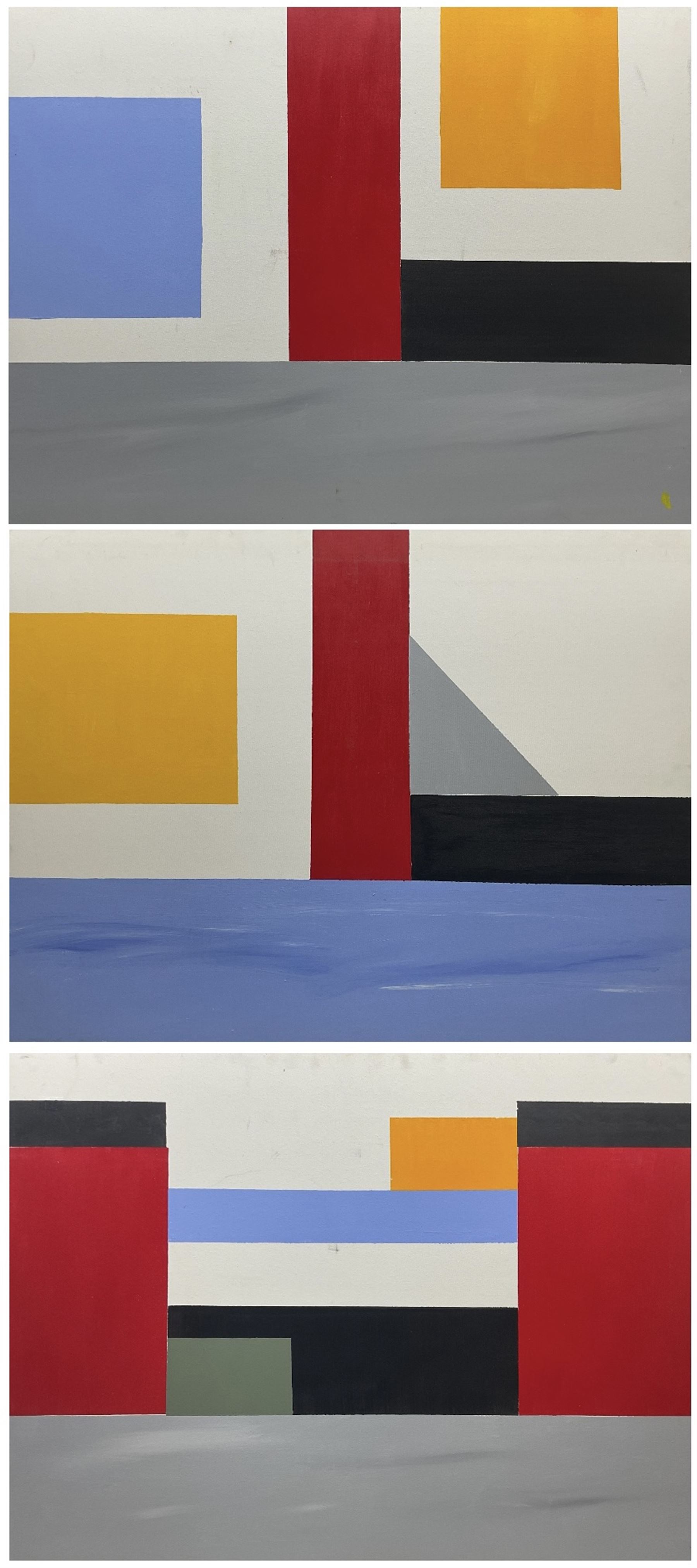 Iain Morris (British Contemporary) after Piet Mondrian (Dutch 1872-1944): Abstracts, triptych acrylics on canvas, signed and dated '15 - '17 verso 102cm x 76cm (3)