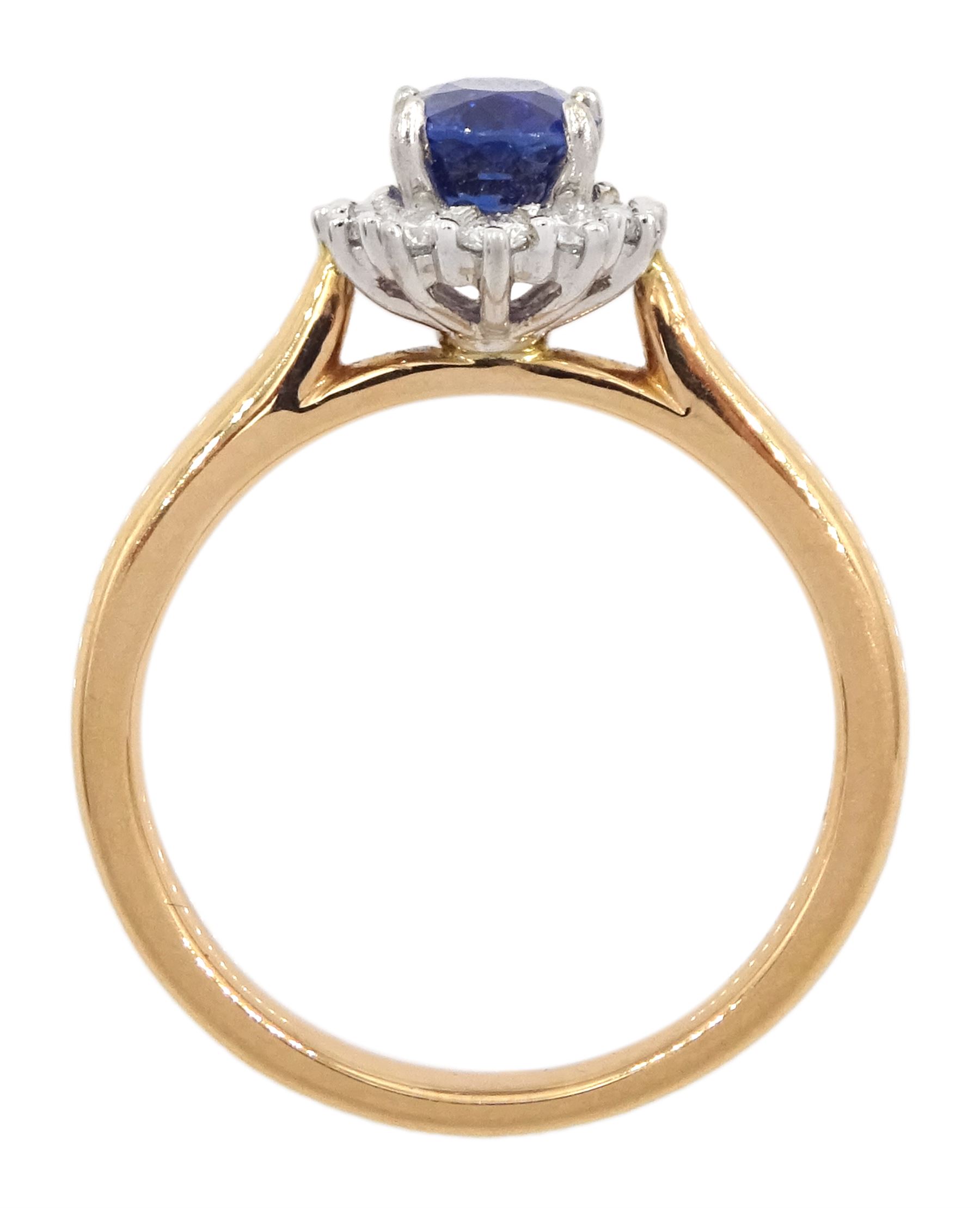 18ct rose gold oval cut sapphire and round brilliant cut diamond cluster ring, hallmarked, sapphire approx 1.25 carat