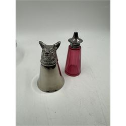 Two cut glass decanters, together with a faceted red glass bottle, cut glass sugar caster with pierced star cover, silver plated stirrup cup, chainmail scarf, plaster ships plaque and a walnut box with mother of pearl cartouche