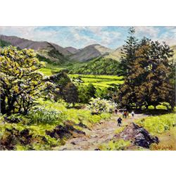 Peter Lapish (British 1937-): 'Watendlath into Borrowdale', acrylic on board signed, titled verso 19cm x 27cm