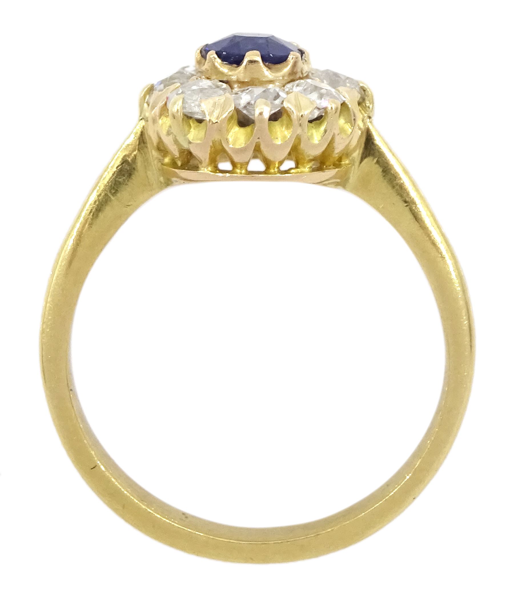 Early 20th century 18ct gold sapphire and old cut diamond cluster ring, total diamond weight approx 0.50 carat