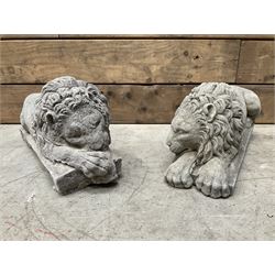 Pair of small cast stone sleeping Trafalgar Lions