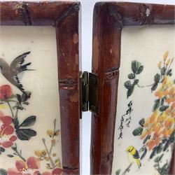 Chinese tabletop four-fold screen, painted with birds upon flowering branches, H22cm