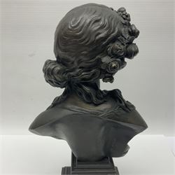 Bronze bust, modelled as a maiden in classical drapery and adorned with floral swags, upon a fluted socle base, overall H23.5cm