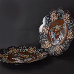 Pair of cloisonné scalloped rim chargers, the central panel decorated with a ho-ho bird, D31cm