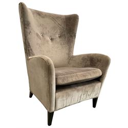 2 x Wing back armchair upholstered in silver crushed velvet fabric