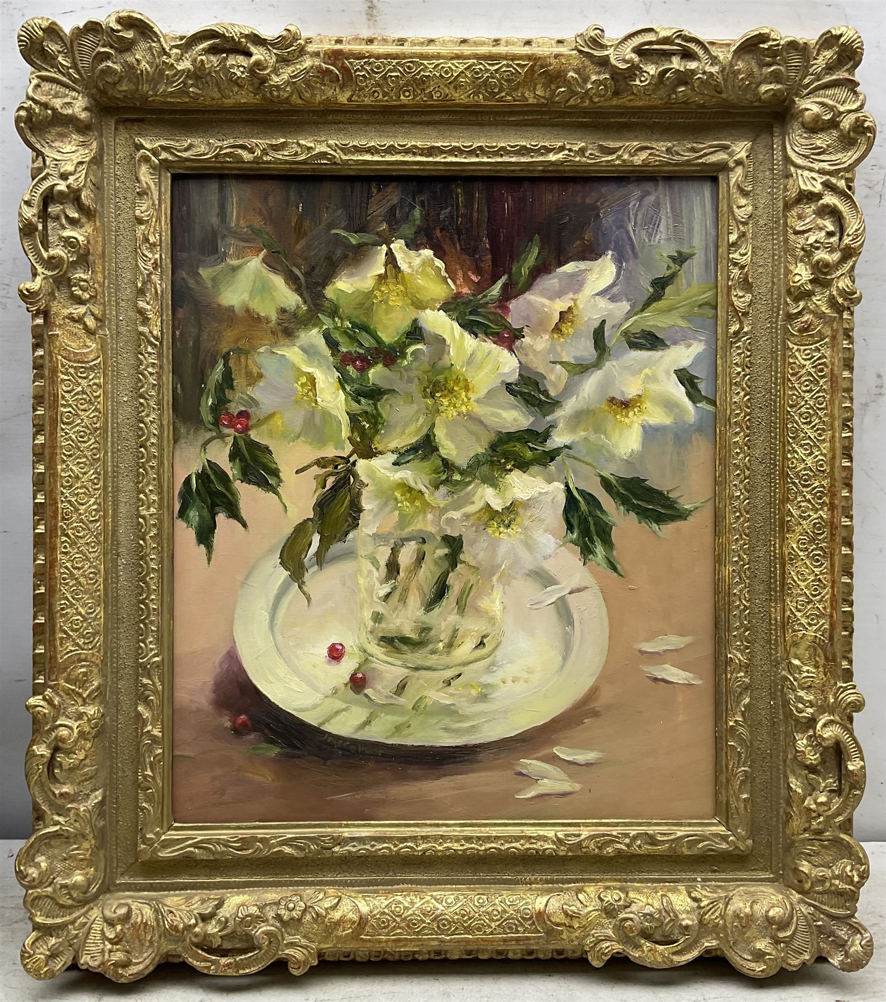 Iris Collett (British 1938-): Still Life of Christmas Roses, oil on board signed 40cm x 34cm
Provenance: part of the artist's studio collection