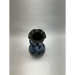 Alexander Lauder for Barum Pottery, vase of baluster form with fluted time, decorated in relief with fish upon a blue ground, H20cm